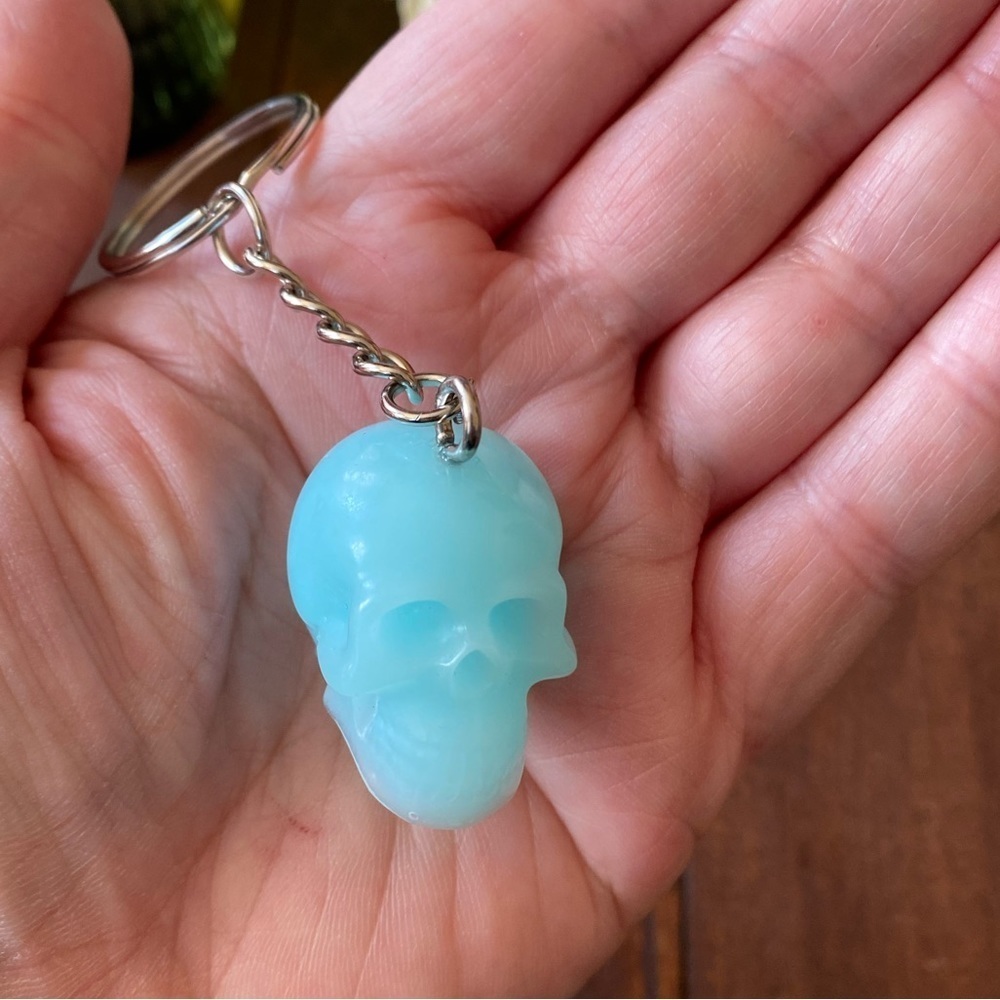 Handcrafted Resin Milky Light Blue Skull 3” Keychain Gothic Backpack Bag Charm - Picture 6 of 8